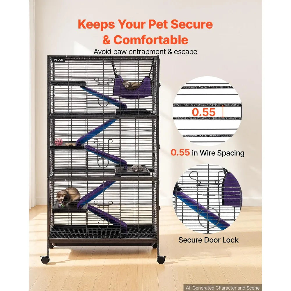 VEVOR Metal Small Animal Cage 58.7"H 6-Tier Rolling Ferret Cage On Wheels, 0.55" Wire Spacing Large Cages with Hammock, Ramps, Tray & Doors for Ferret, Chinchilla, Sugar Glider, Guinea Pig & Rabbit
