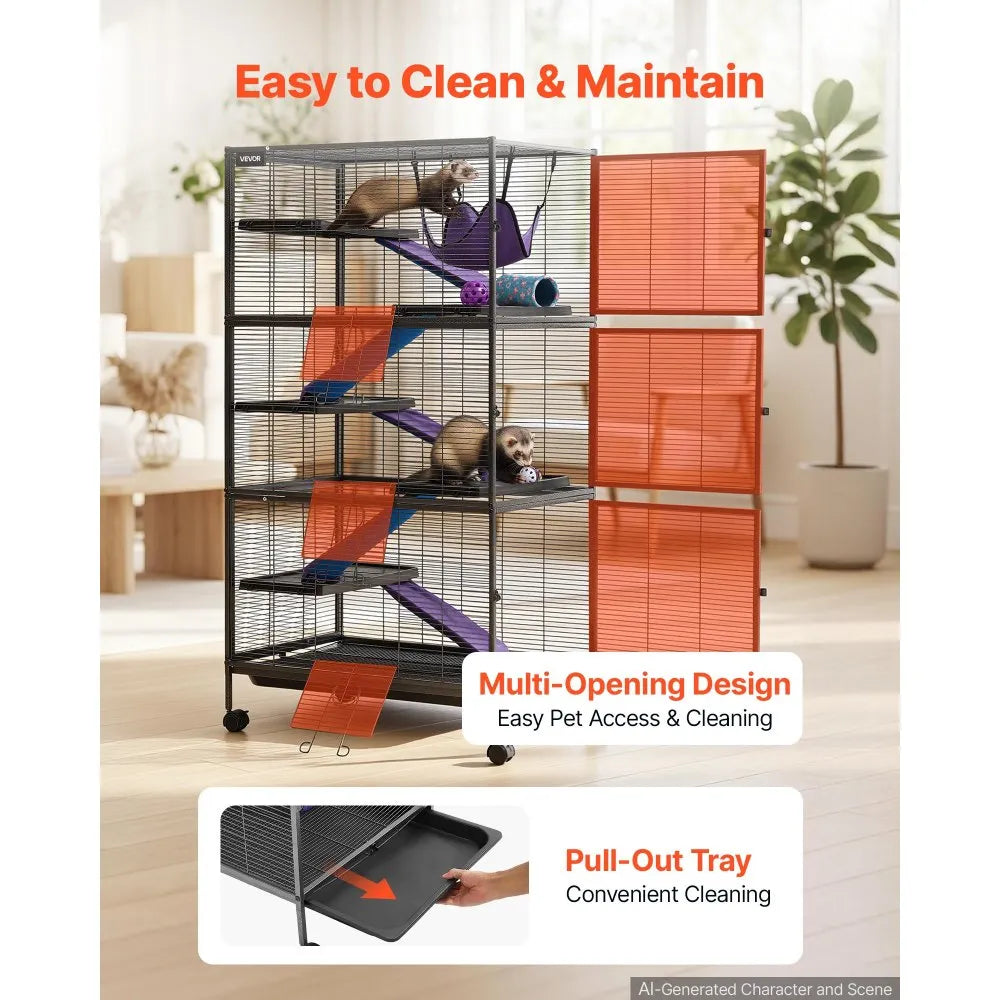 VEVOR Metal Small Animal Cage 58.7"H 6-Tier Rolling Ferret Cage On Wheels, 0.55" Wire Spacing Large Cages with Hammock, Ramps, Tray & Doors for Ferret, Chinchilla, Sugar Glider, Guinea Pig & Rabbit