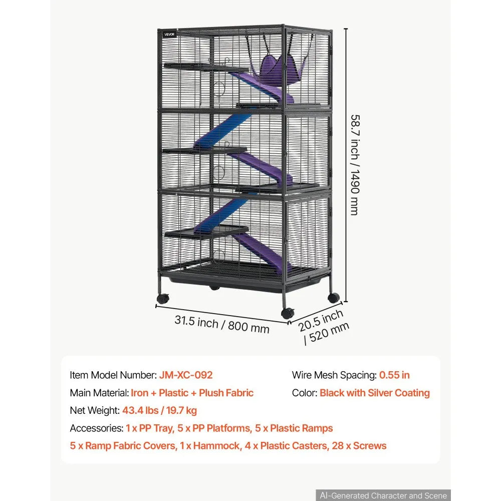VEVOR Metal Small Animal Cage 58.7"H 6-Tier Rolling Ferret Cage On Wheels, 0.55" Wire Spacing Large Cages with Hammock, Ramps, Tray & Doors for Ferret, Chinchilla, Sugar Glider, Guinea Pig & Rabbit