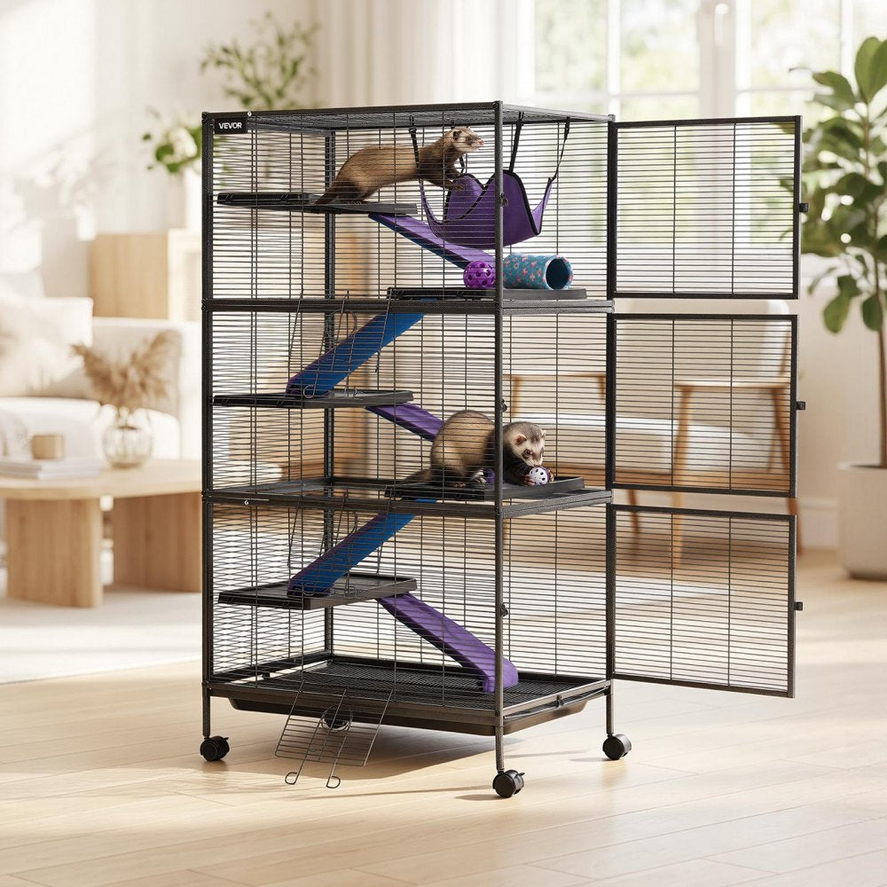 VEVOR Metal Small Animal Cage 58.7"H 6-Tier Rolling Ferret Cage On Wheels, 0.55" Wire Spacing Large Cages with Hammock, Ramps, Tray & Doors for Ferret, Chinchilla, Sugar Glider, Guinea Pig & Rabbit