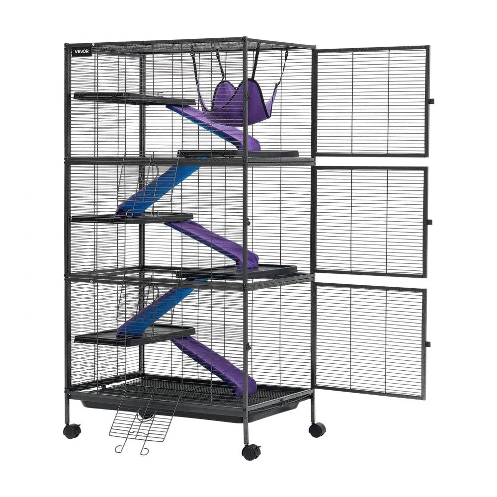 VEVOR Metal Small Animal Cage 58.7"H 6-Tier Rolling Ferret Cage On Wheels, 0.55" Wire Spacing Large Cages with Hammock, Ramps, Tray & Doors for Ferret, Chinchilla, Sugar Glider, Guinea Pig & Rabbit