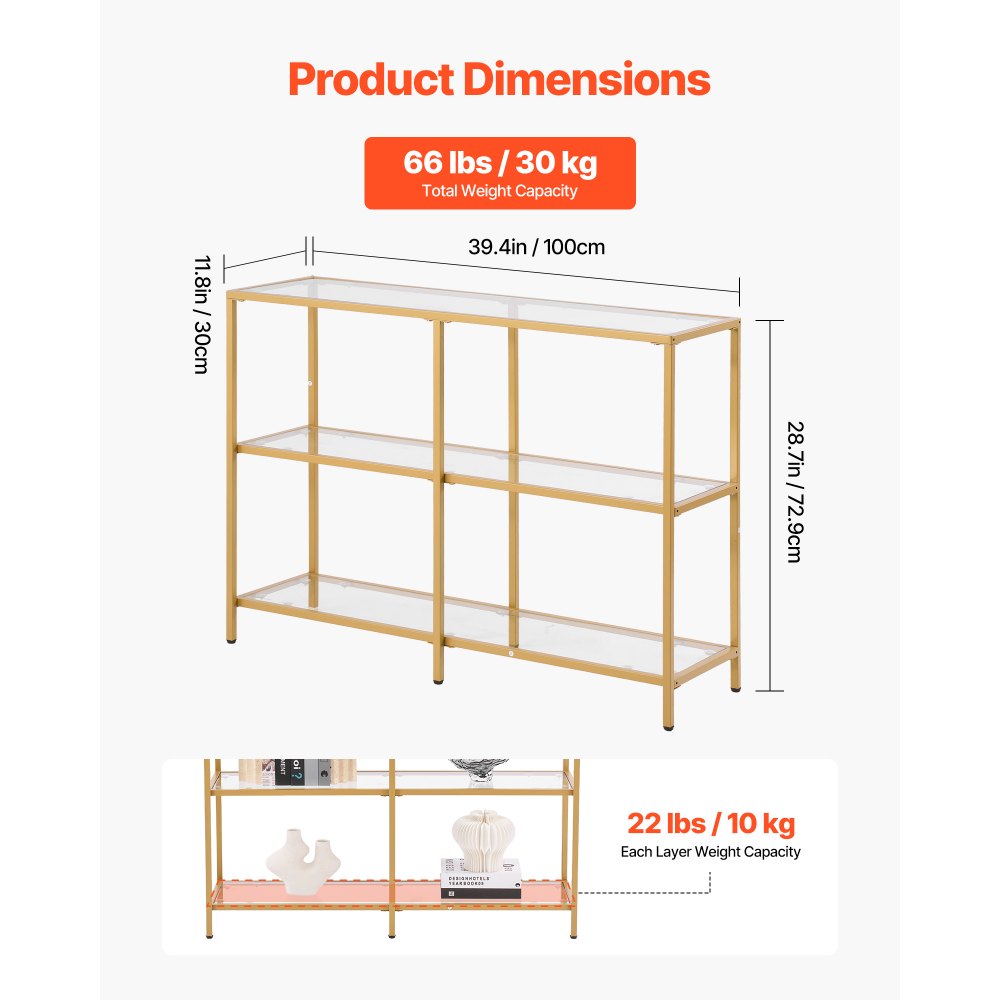 VEVOR 3-Tier Glass Console Table, Modern Rectangle Sofa Side Table with Tempered Glass Top and Iron Legs, Golden Consloe Desk with Anti-Tip Device for Living Room, Hallway, Entryway, Foyer, Golden