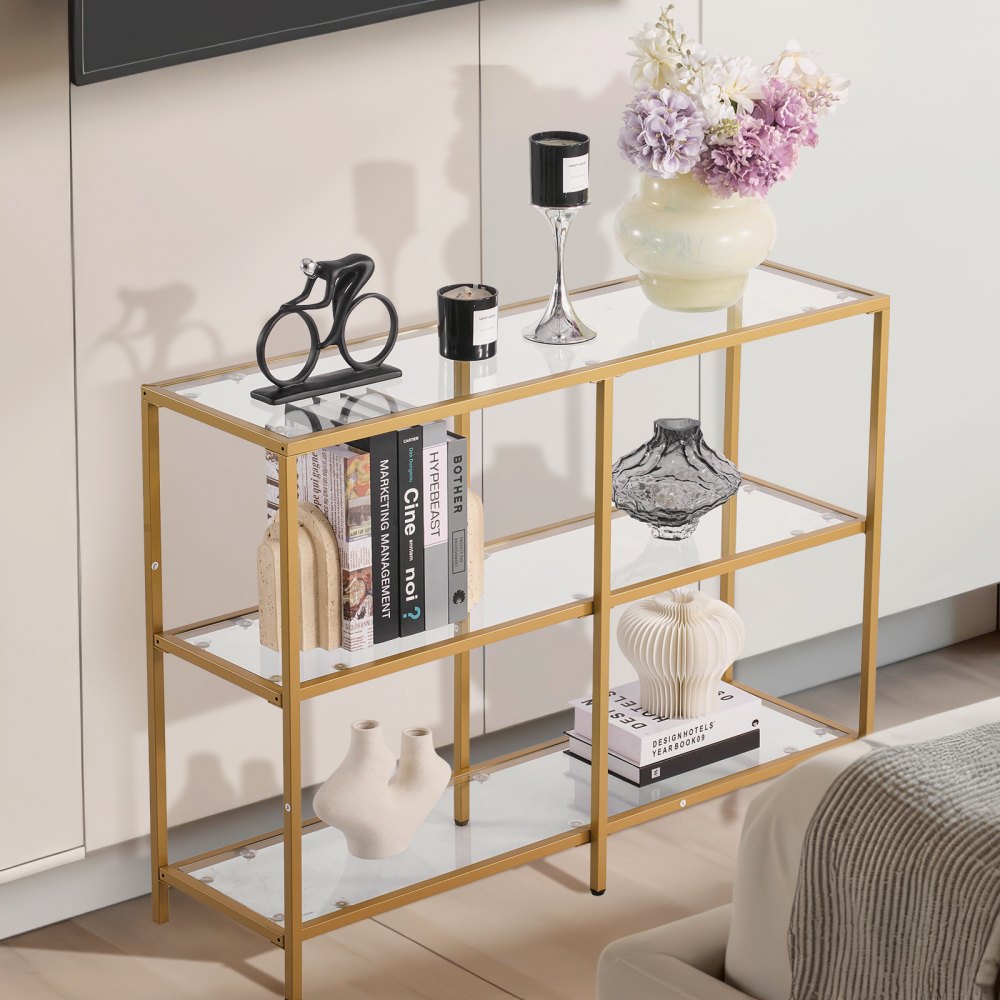 VEVOR 3-Tier Glass Console Table, Modern Rectangle Sofa Side Table with Tempered Glass Top and Iron Legs, Golden Consloe Desk with Anti-Tip Device for Living Room, Hallway, Entryway, Foyer, Golden