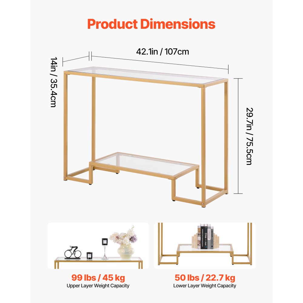 VEVOR 2-Tier Glass Console Table, Modern Rectangle Sofa Side Table with Tempered Glass Top and Iron Legs, Golden Consloe Desk with Anti-Tip Device for Living Room, Hallway, Entryway, Foyer, Golden