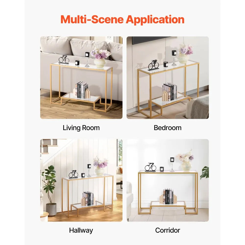VEVOR 2-Tier Glass Console Table, Modern Rectangle Sofa Side Table with Tempered Glass Top and Iron Legs, Golden Consloe Desk with Anti-Tip Device for Living Room, Hallway, Entryway, Foyer, Golden