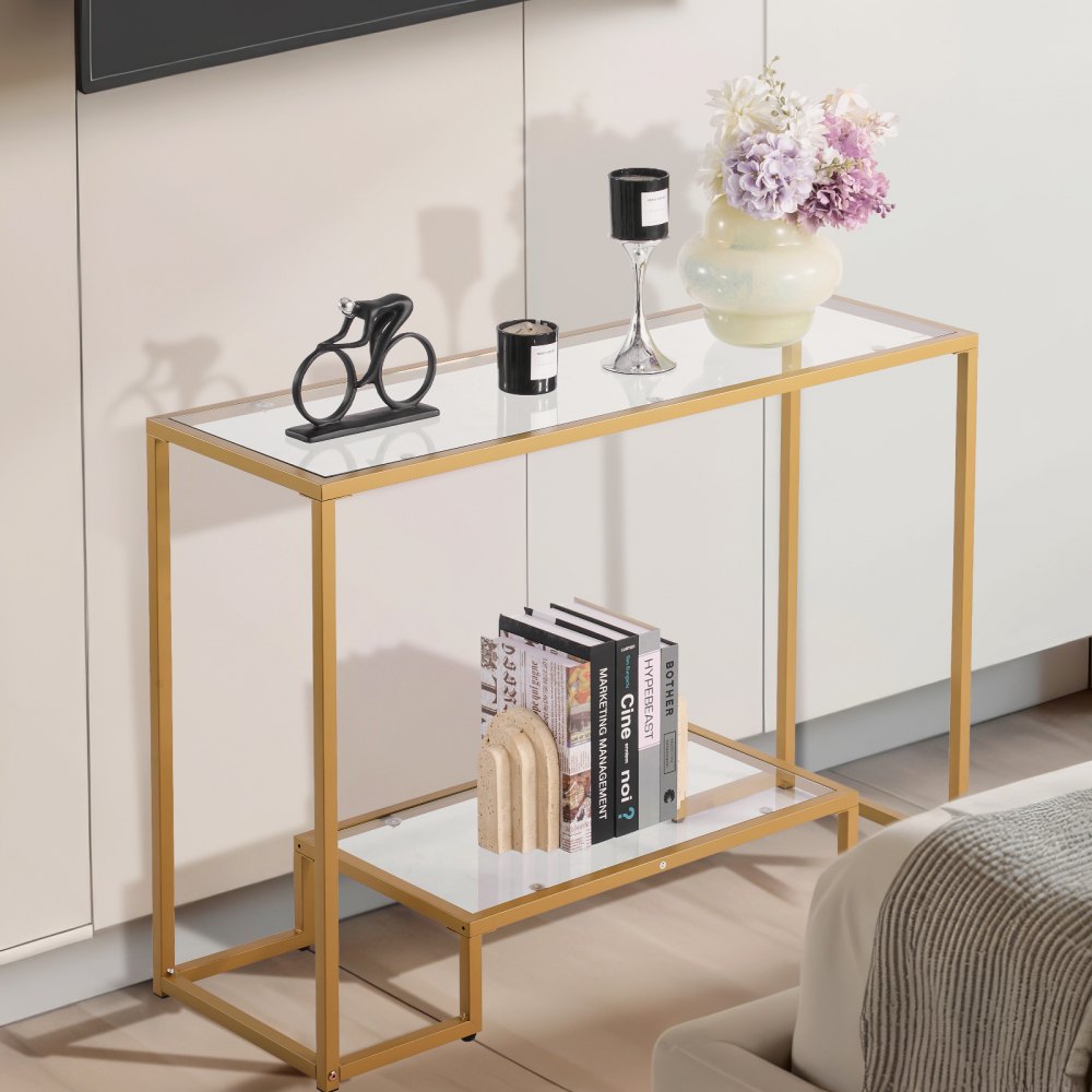 VEVOR 2-Tier Glass Console Table, Modern Rectangle Sofa Side Table with Tempered Glass Top and Iron Legs, Golden Consloe Desk with Anti-Tip Device for Living Room, Hallway, Entryway, Foyer, Golden