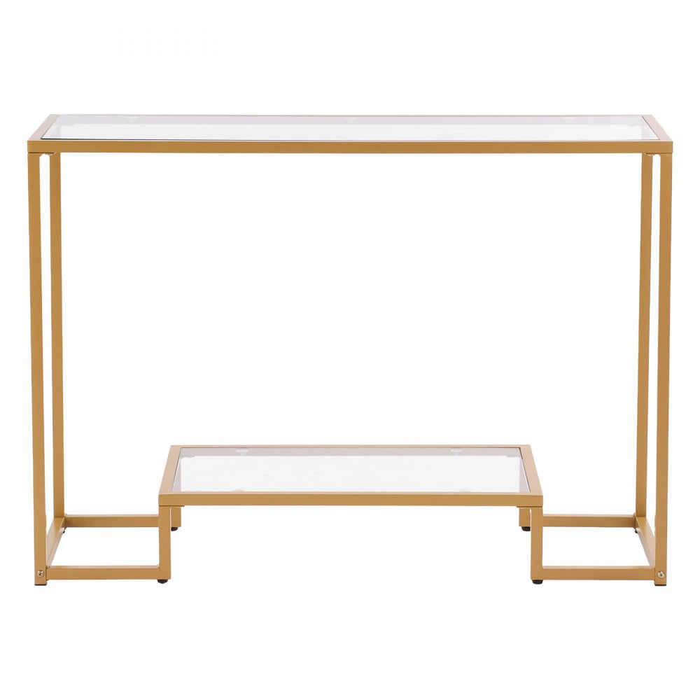 VEVOR 2-Tier Glass Console Table, Modern Rectangle Sofa Side Table with Tempered Glass Top and Iron Legs, Golden Consloe Desk with Anti-Tip Device for Living Room, Hallway, Entryway, Foyer, Golden