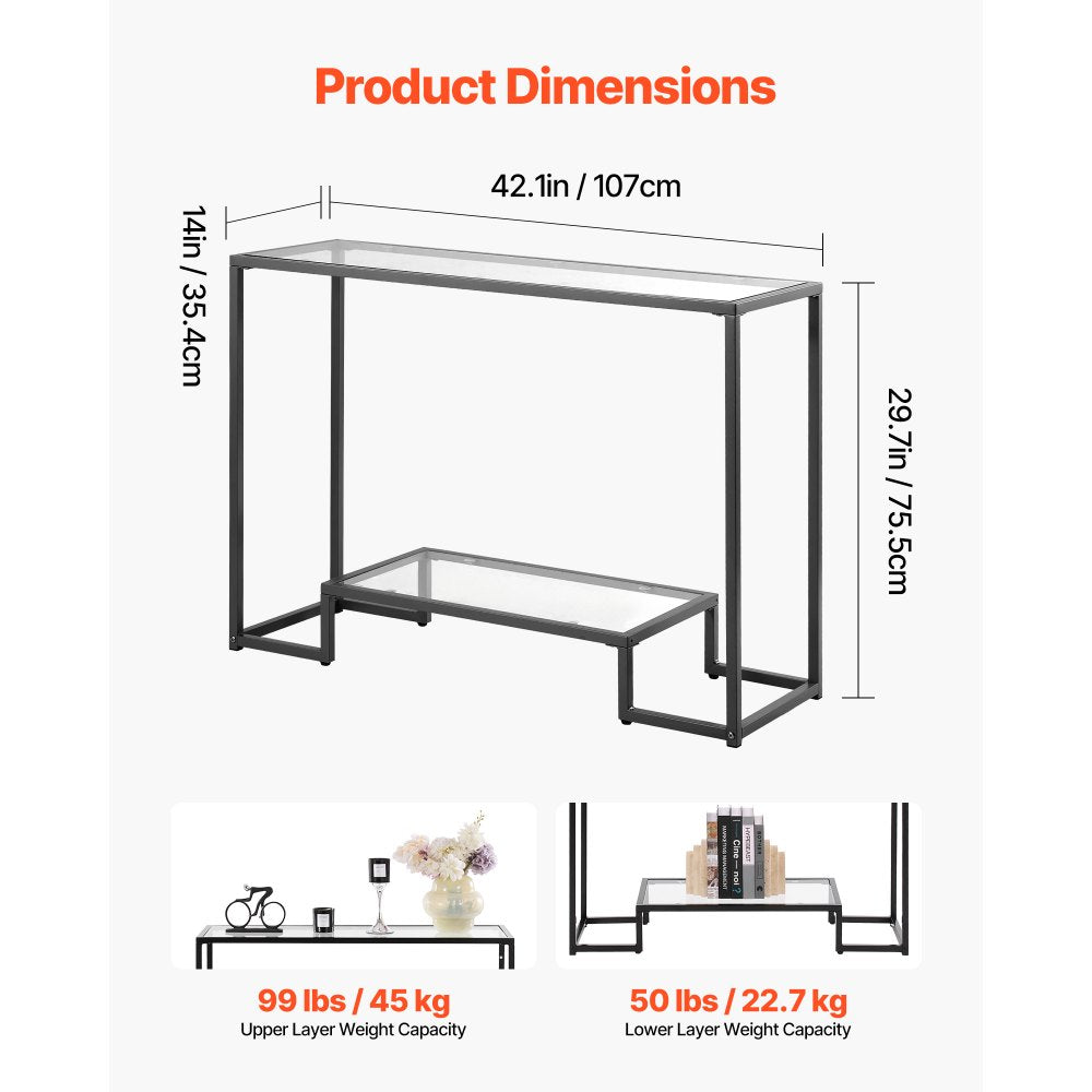 VEVOR 2-Tier Glass Console Table, Modern Rectangle Sofa Side Table with Tempered Glass Top and Iron Legs, Golden Consloe Desk with Anti-Tip Device for Living Room, Hallway, Entryway, Foyer, Black