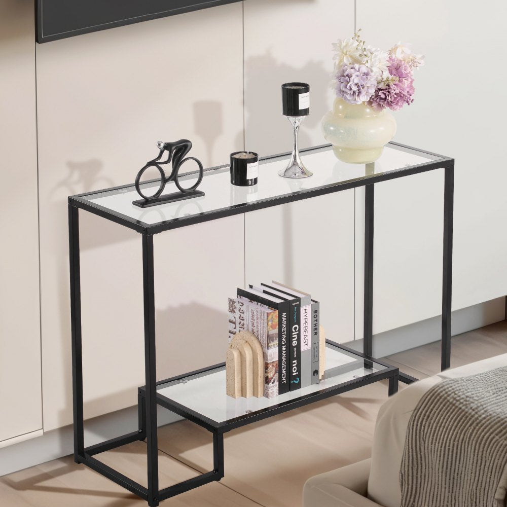VEVOR 2-Tier Glass Console Table, Modern Rectangle Sofa Side Table with Tempered Glass Top and Iron Legs, Golden Consloe Desk with Anti-Tip Device for Living Room, Hallway, Entryway, Foyer, Black