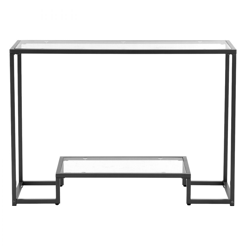 VEVOR 2-Tier Glass Console Table, Modern Rectangle Sofa Side Table with Tempered Glass Top and Iron Legs, Golden Consloe Desk with Anti-Tip Device for Living Room, Hallway, Entryway, Foyer, Black