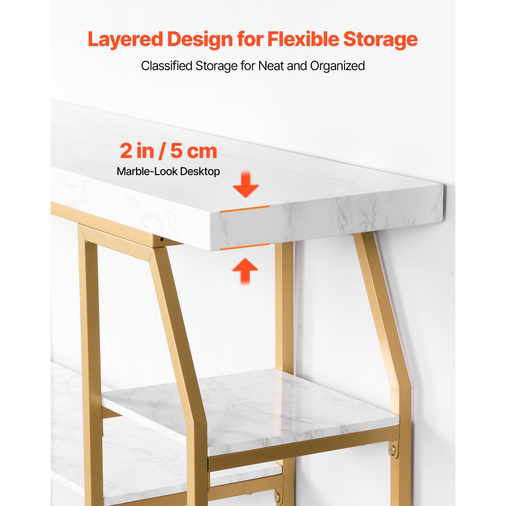 VEVOR Marble Console Table, 3 Tiers Modern Console Table for Open Storage, Golden Geometric Table with Iron Tubes, Anti-Tip Device and Triangular Support for Living Room, Hallway, Entryway, Foyer
