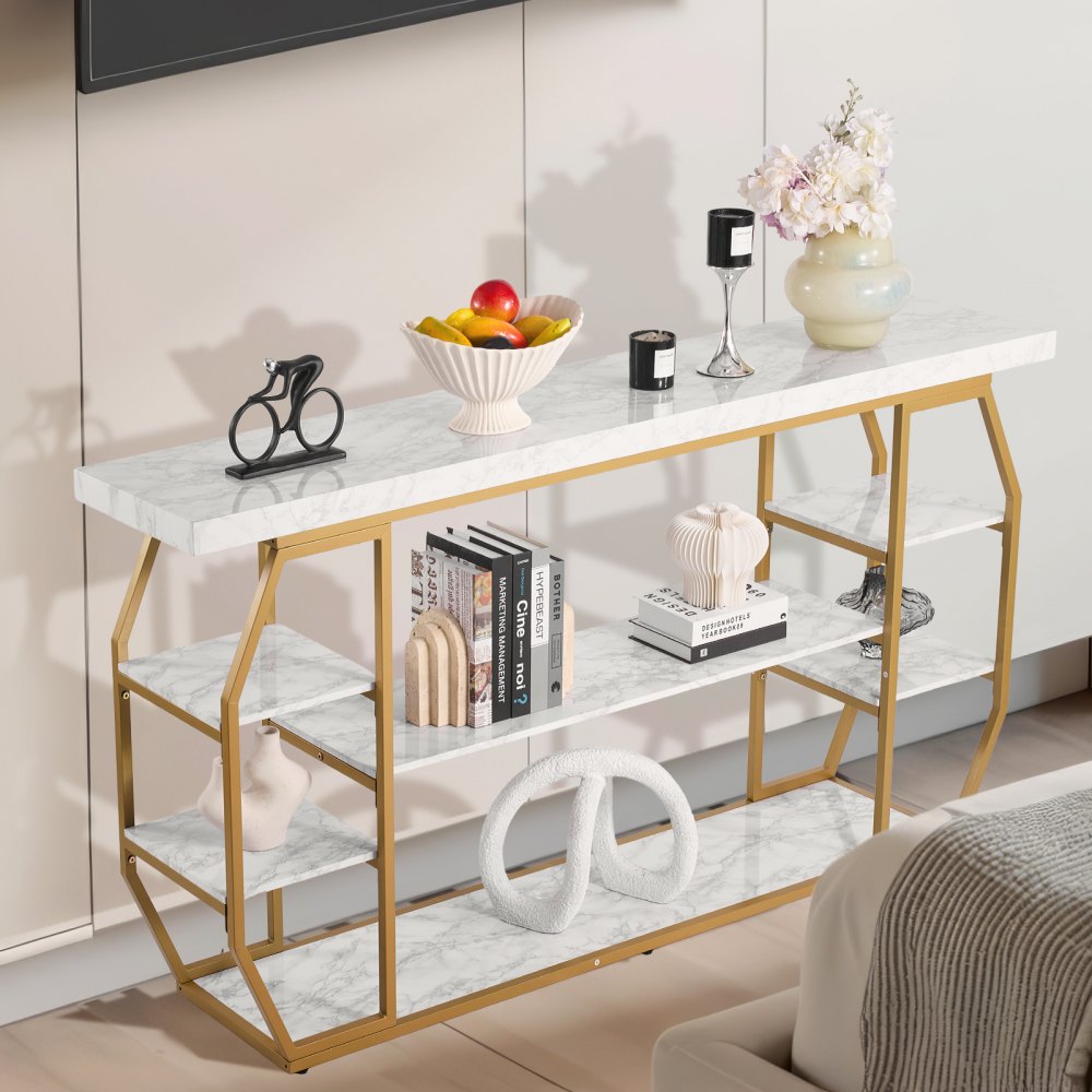 VEVOR Marble Console Table, 3 Tiers Modern Console Table for Open Storage, Golden Geometric Table with Iron Tubes, Anti-Tip Device and Triangular Support for Living Room, Hallway, Entryway, Foyer