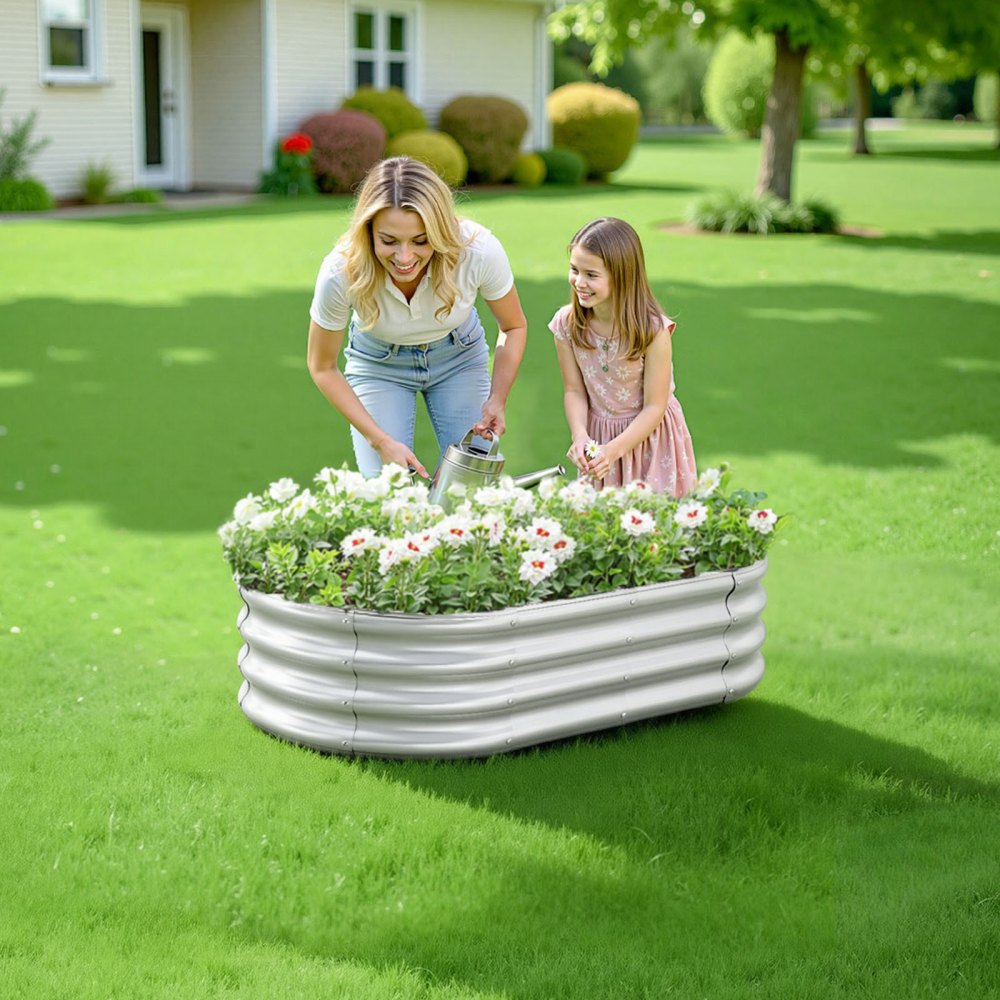 VEVOR Metal Raised Garden Bed, 4 x 2 x 1 ft Oval Outdoor Galvanized Planter Garden Box, Open Bottom Design, Large Planter Raised Bed for Growing Vegetables, Flowers, and Succulents, Galvanized Color