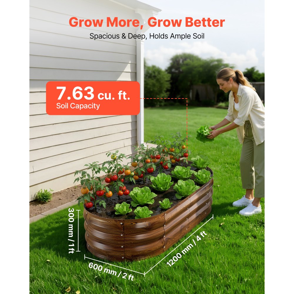 VEVOR 2 Pack Galvanized Raised Garden Beds, 4 x 2 x 1 ft, Oval Metal Planter Boxes Kit Outdoor, Bottomless Elevated Garden Box with Gloves, Alu-Zinc, for Planting Flowers Vegetables, Deep Wood Grain