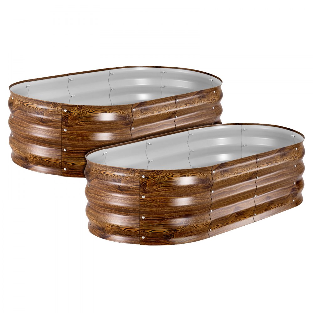 VEVOR 2 Pack Galvanized Raised Garden Beds, 4 x 2 x 1 ft, Oval Metal Planter Boxes Kit Outdoor, Bottomless Elevated Garden Box with Gloves, Alu-Zinc, for Planting Flowers Vegetables, Deep Wood Grain