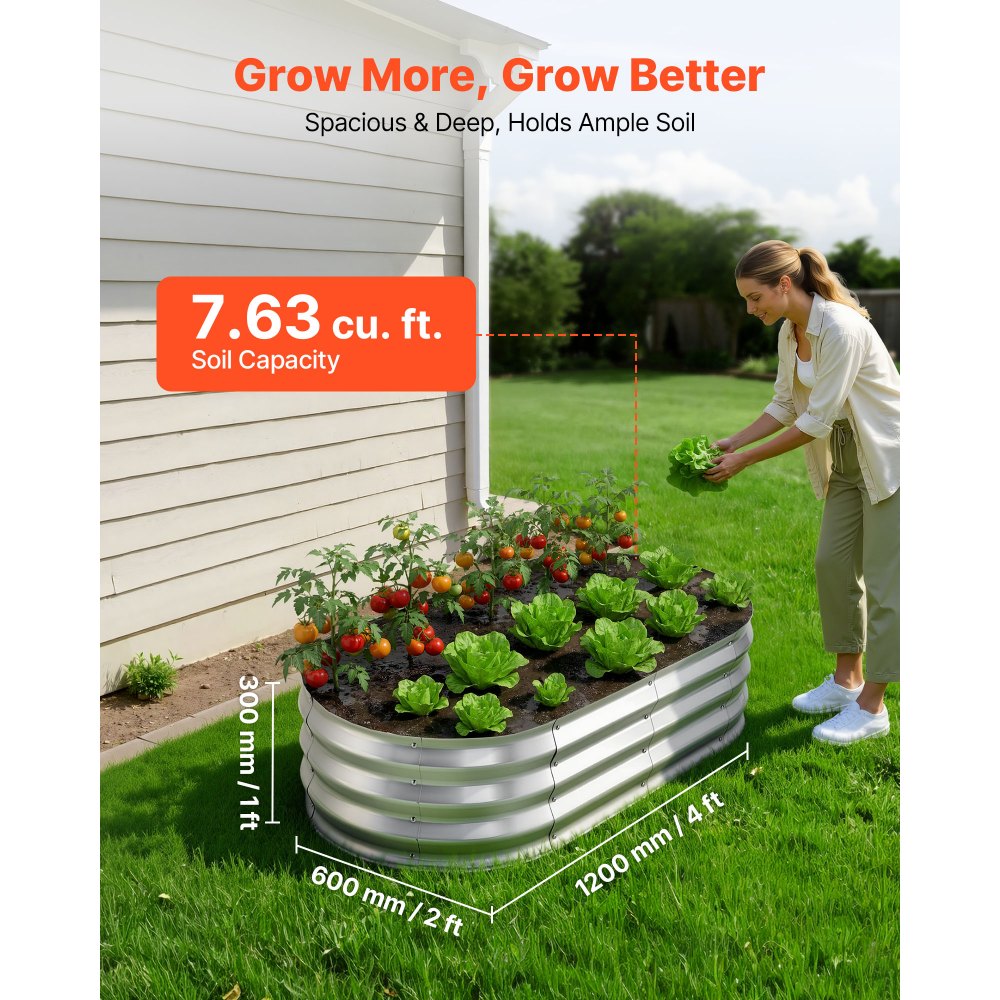VEVOR 2 Pack Galvanized Raised Garden Beds, 4 x 2 x 1 ft, Oval Metal Planter Boxes Kit Outdoor, Bottomless Elevated Garden Box with Gloves, Alu-Zinc, for Planting Flowers Fruits Vegetables, Silver