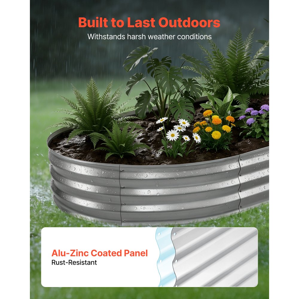 VEVOR Galvanized Raised Garden Bed, 8 x 4 x 1 ft, Oval Metal Planter Box Kit Outdoor, Bottomless Elevated Garden Box with Gloves, Rustproof Alu-Zinc, for Planting Flowers Fruits Vegetables, Silver
