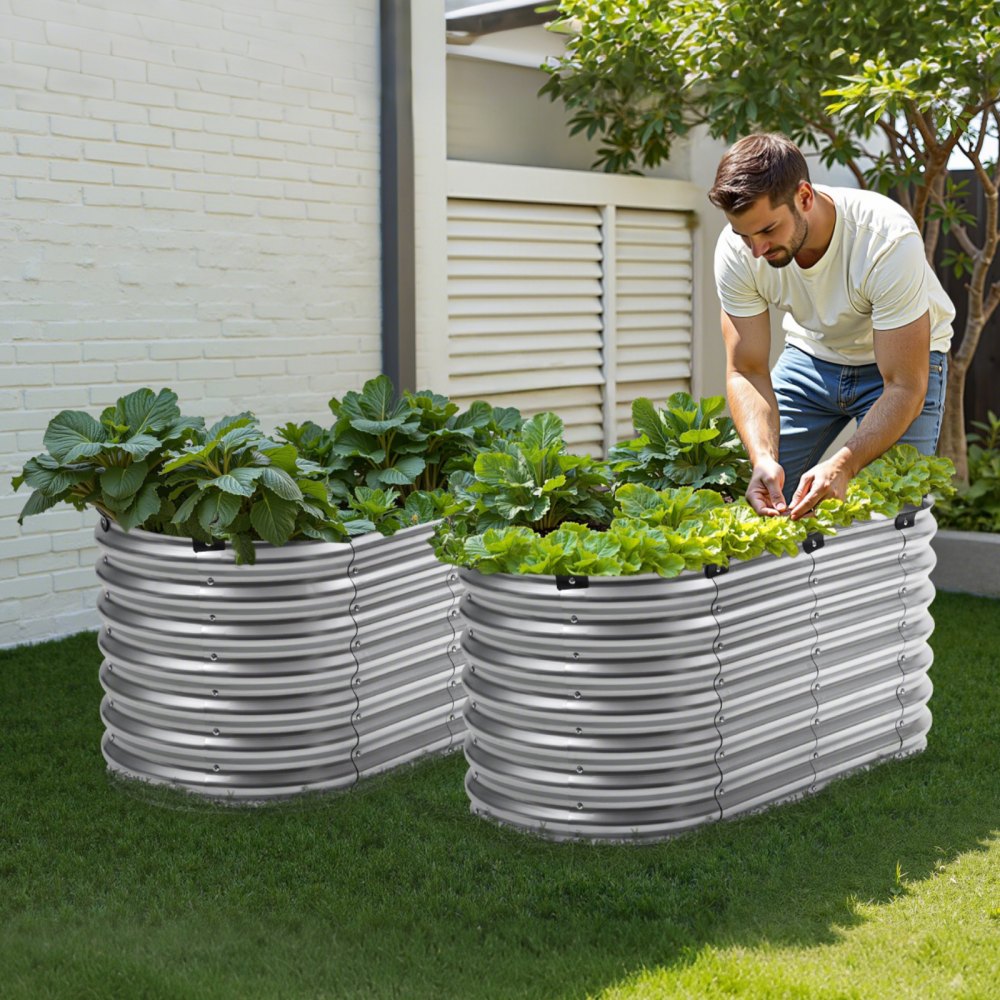 VEVOR Metal Raised Garden Bed, 4 x 2 x 2 ft Outdoor Galvanized Planter Box, with Open Bottom, Large Oval Planter Raised Bed for Gardening Vegetables, Flowers, Herbs, and Succulent Plants, Silver