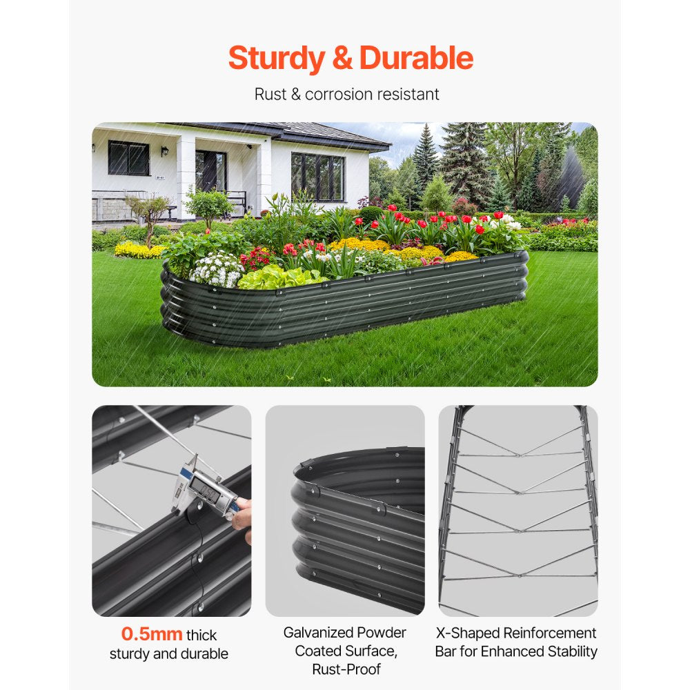 VEVOR Metal Raised Garden Bed, 8 x 2 x 1 ft Outdoor Galvanized Planter Box, with Open Bottom, Large Oval Planter Raised Bed for Gardening Vegetables, Flowers, Herbs, and Succulent Plants, Dark Gray