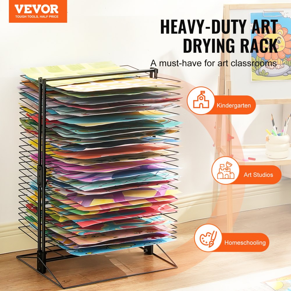 VEVOR Art Drying Rack, 50 Removable Shelves 20 x 17 x 30 inch Paint Drying Rack with Stable Base, Carbon Steel Metal Painting Drying Rack for Artwork in Classroom, Art Studios and Schools, Black