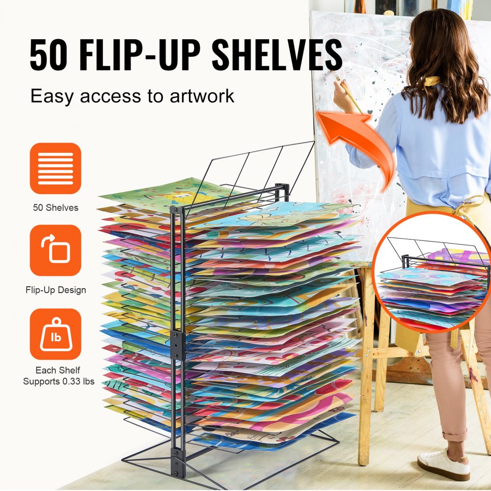 VEVOR Art Drying Rack, 50 Removable Shelves 20 x 17 x 30 inch Paint Drying Rack with Stable Base, Carbon Steel Metal Painting Drying Rack for Artwork in Classroom, Art Studios and Schools, Black