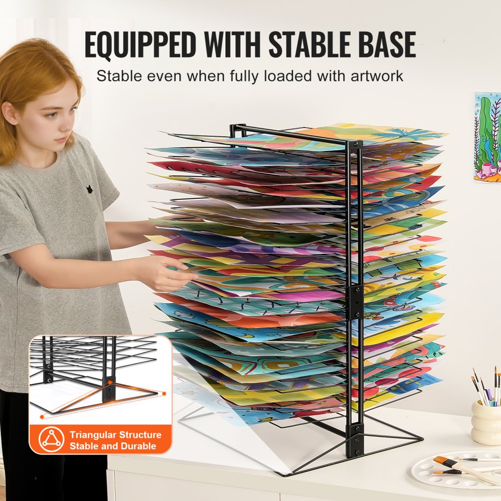 VEVOR Art Drying Rack, 50 Removable Shelves 20 x 17 x 30 inch Paint Drying Rack with Stable Base, Carbon Steel Metal Painting Drying Rack for Artwork in Classroom, Art Studios and Schools, Black