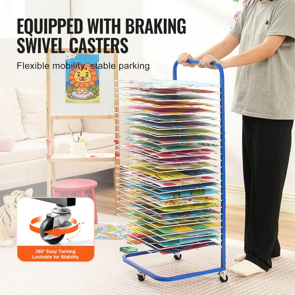 VEVOR Art Drying Rack, 25 Removable Shelves 17 x 13 x 39.4 inch Paint Drying Rack With Lockable Wheels, Carbon Steel Painting Drying Rack for Artwork in Classroom, Art Studios and Schools, Blue+White