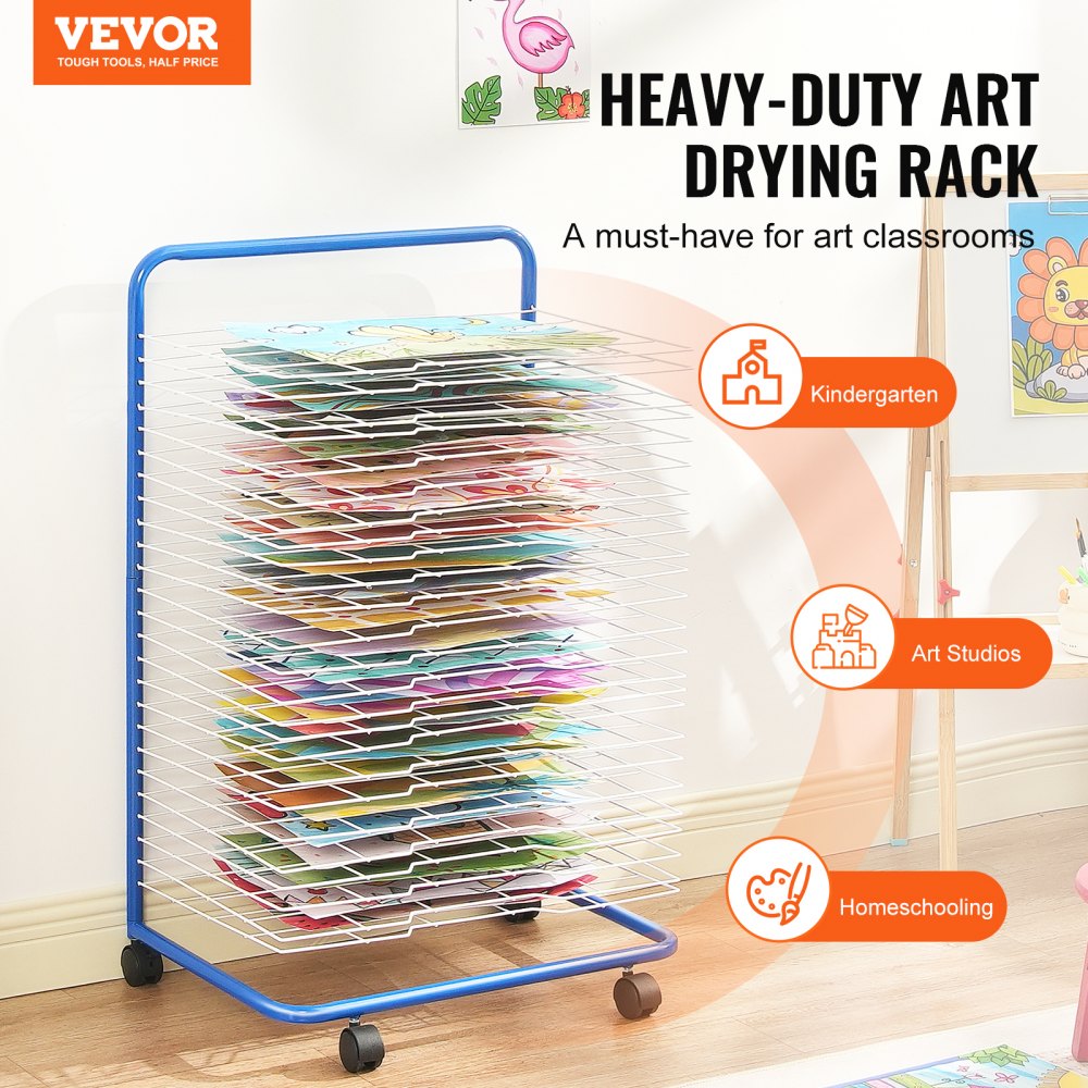 VEVOR Art Drying Rack, 25 Removable Shelves 23.75 x 17.5 x 38 inch Paint Drying Rack With Lockable Wheels, Carbon Steel Painting Drying Rack for Artwork in Classroom, Art Studios, Schools, Blue+White