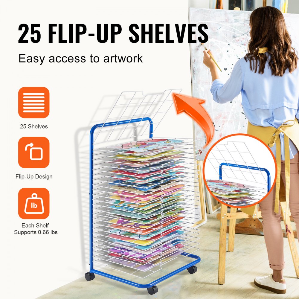 VEVOR Art Drying Rack, 25 Removable Shelves 23.75 x 17.5 x 38 inch Paint Drying Rack With Lockable Wheels, Carbon Steel Painting Drying Rack for Artwork in Classroom, Art Studios, Schools, Blue+White