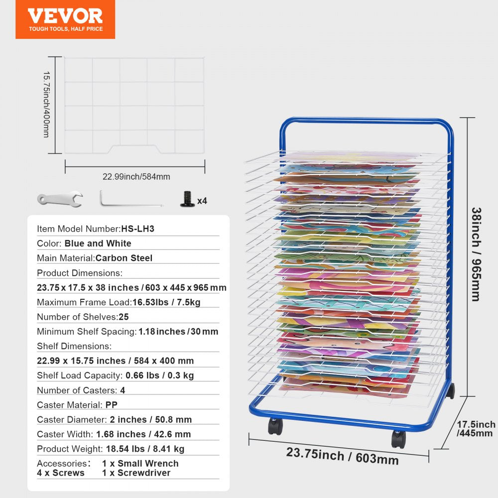 VEVOR Art Drying Rack, 25 Removable Shelves 23.75 x 17.5 x 38 inch Paint Drying Rack With Lockable Wheels, Carbon Steel Painting Drying Rack for Artwork in Classroom, Art Studios, Schools, Blue+White