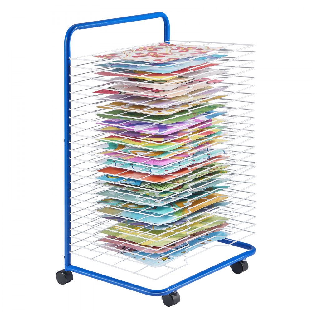 VEVOR Art Drying Rack, 25 Removable Shelves 23.75 x 17.5 x 38 inch Paint Drying Rack With Lockable Wheels, Carbon Steel Painting Drying Rack for Artwork in Classroom, Art Studios, Schools, Blue+White