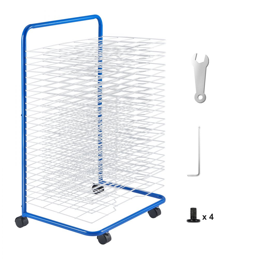VEVOR Art Drying Rack, 25 Removable Shelves 23.75 x 17.5 x 38 inch Paint Drying Rack With Lockable Wheels, Carbon Steel Painting Drying Rack for Artwork in Classroom, Art Studios, Schools, Blue+White