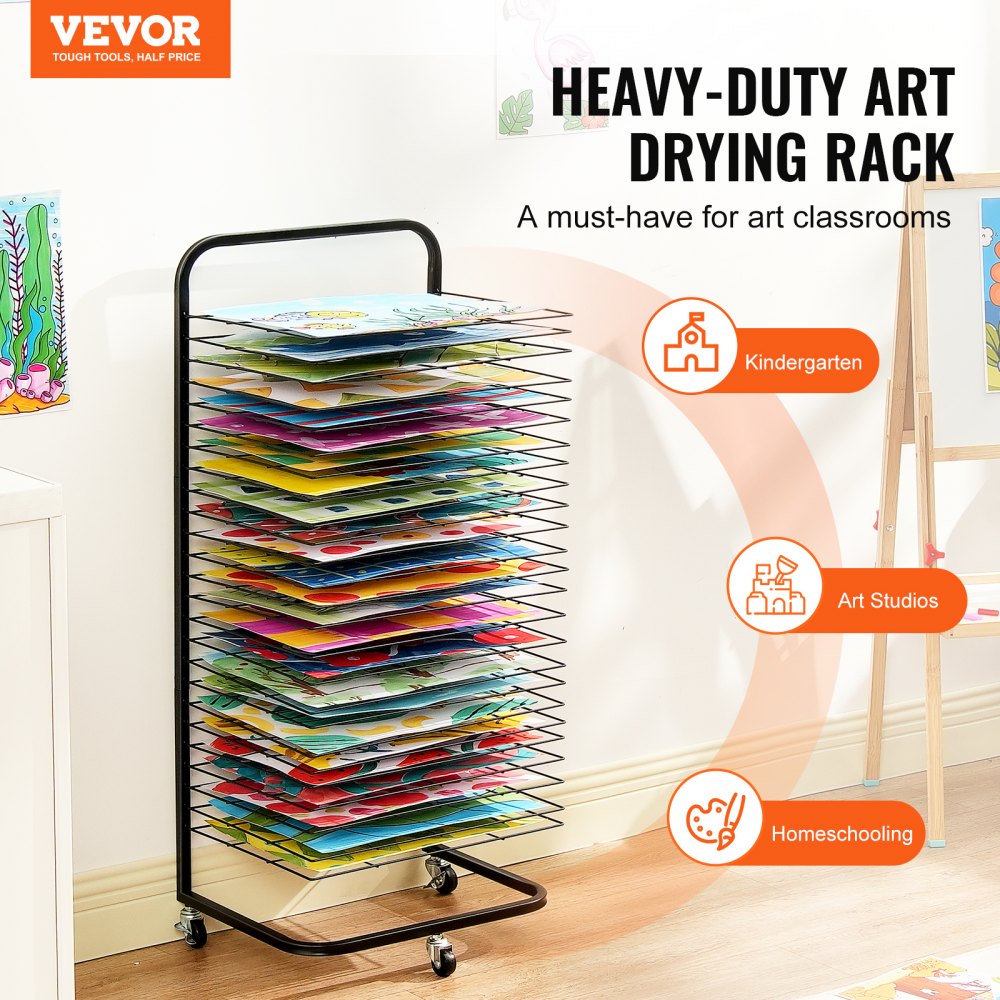 VEVOR Art Drying Rack, 25 Removable Shelves 17 x 13 x 39.4 inch Paint Drying Rack With Lockable Wheels, Carbon Steel Painting Drying Rack for Artwork in Classroom, Art Studios and Schools, Black