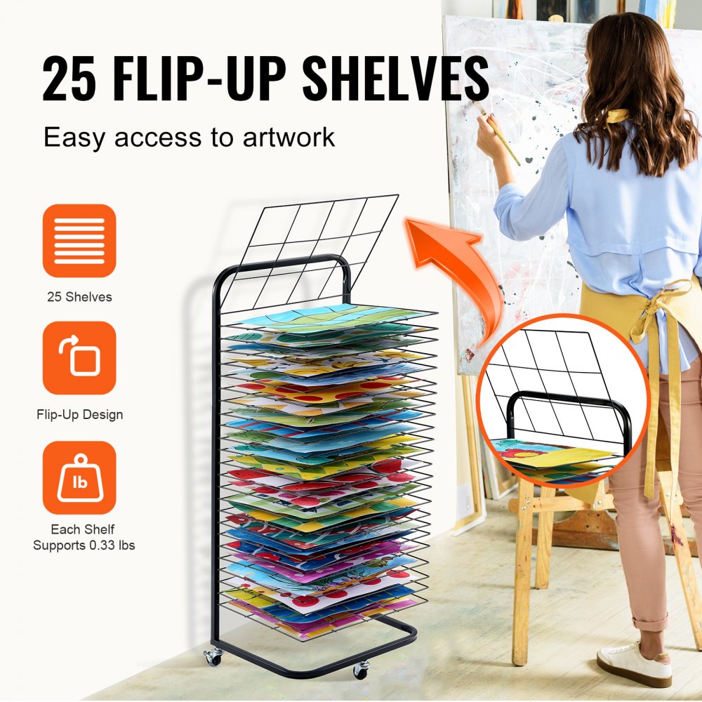 VEVOR Art Drying Rack, 25 Removable Shelves 17 x 13 x 39.4 inch Paint Drying Rack With Lockable Wheels, Carbon Steel Painting Drying Rack for Artwork in Classroom, Art Studios and Schools, Black