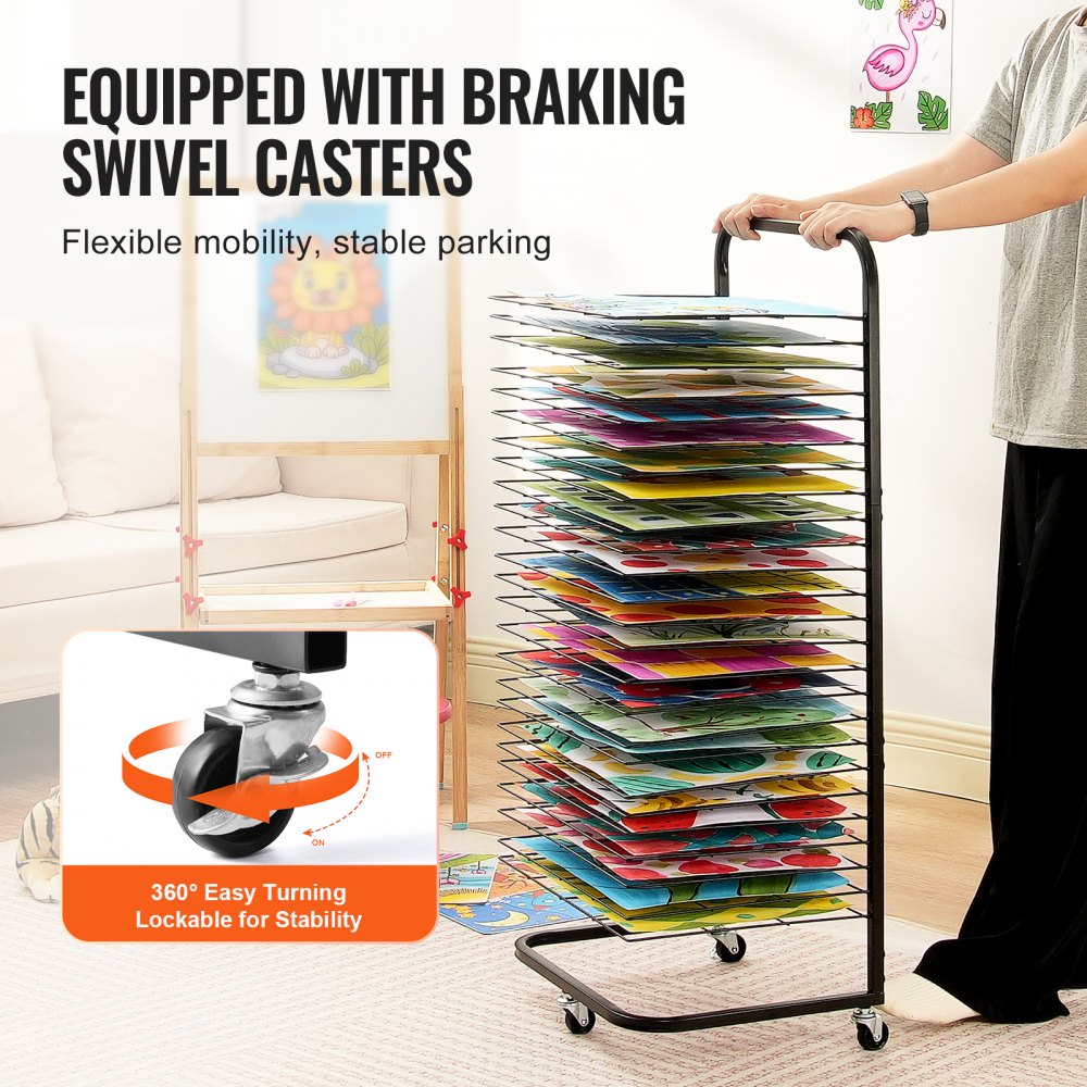 VEVOR Art Drying Rack, 25 Removable Shelves 17 x 13 x 39.4 inch Paint Drying Rack With Lockable Wheels, Carbon Steel Painting Drying Rack for Artwork in Classroom, Art Studios and Schools, Black
