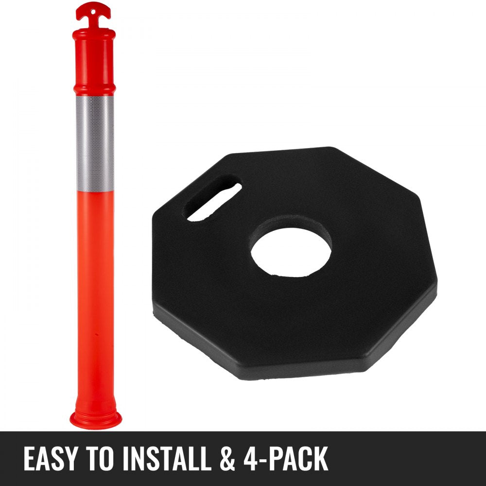 VEVOR 4Pack Traffic Delineator Posts 44 Inch Height, PE Delineator Post Kit 10 inch Reflective Band, Orange Delineator Cones with Rubber Base 16 inch for Construction Sites, Facility Management etc.
