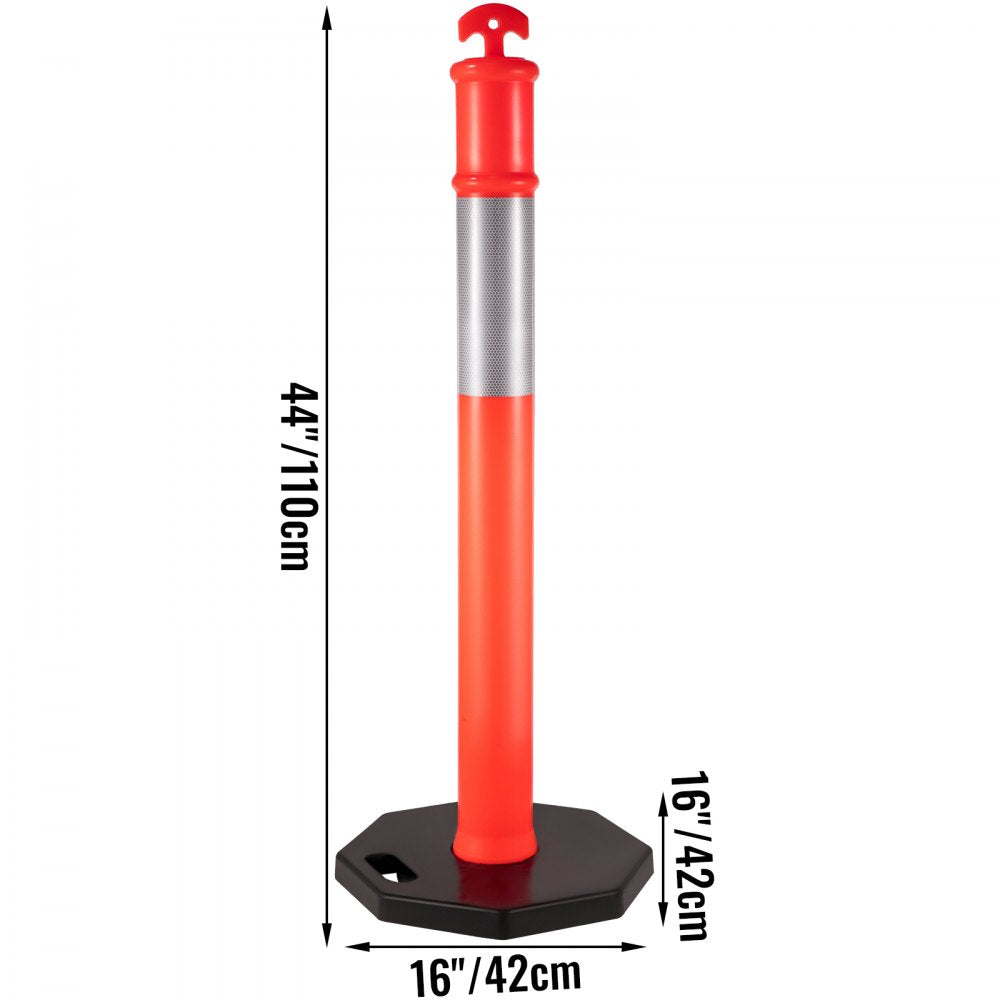 VEVOR 4Pack Traffic Delineator Posts 44 Inch Height, PE Delineator Post Kit 10 inch Reflective Band, Orange Delineator Cones with Rubber Base 16 inch for Construction Sites, Facility Management etc.