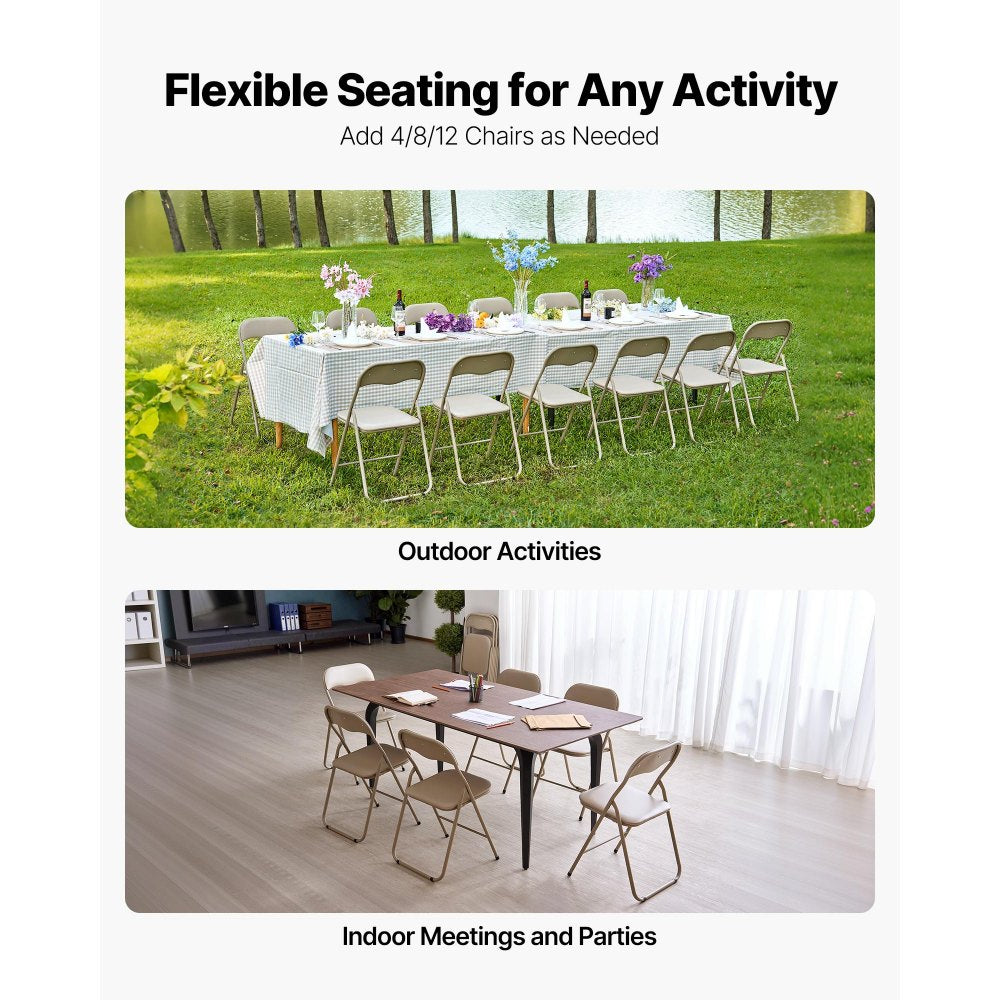VEVOR 4 Pack Folding Chairs, Foldable Leather Chairs with Heavy Duty Metal Frame & Padded Cushion, Portable Folding Card Table Chairs, Stackable Seats for Home, Yard, Garden, Parties, Events, Khaki
