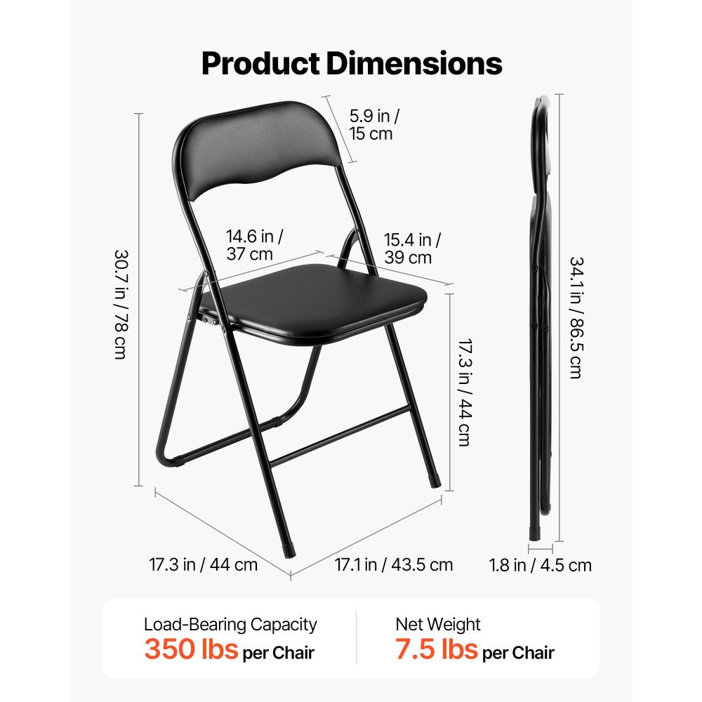 VEVOR 4 Pack Folding Chairs, Foldable Leather Chairs with Heavy Duty Metal Frame & Padded Cushion, Portable Folding Card Table Chairs, Stackable Seats for Home, Yard, Garden, Parties, Events, Black