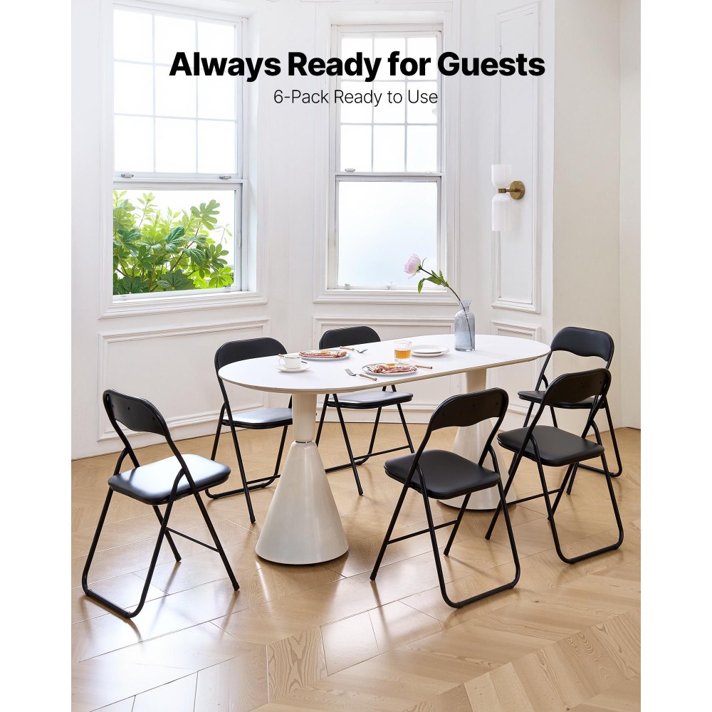 VEVOR 6 Pack Folding Chairs, Foldable Leather Chairs with Heavy Duty Metal Frame & Padded Cushion, Portable Folding Card Table Chairs, Stackable Seats for Home, Yard, Garden, Parties, Events, Black