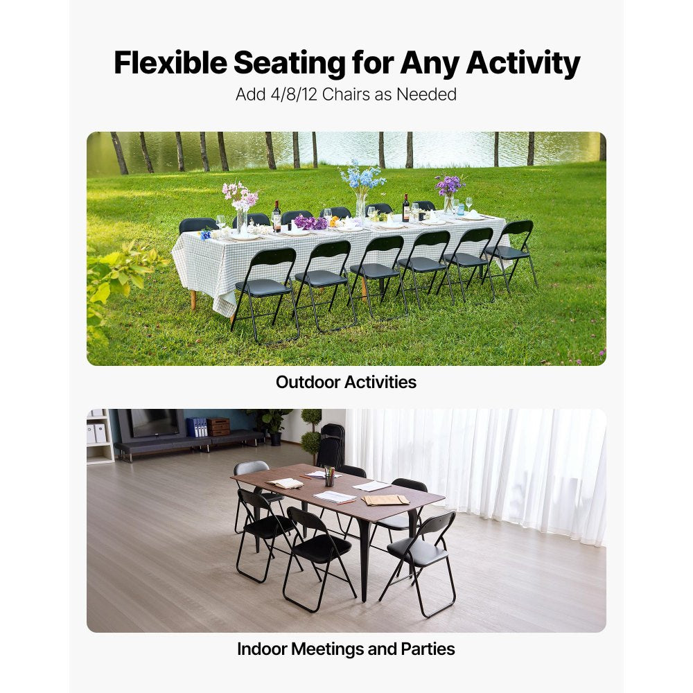 VEVOR 6 Pack Folding Chairs, Foldable Leather Chairs with Heavy Duty Metal Frame & Padded Cushion, Portable Folding Card Table Chairs, Stackable Seats for Home, Yard, Garden, Parties, Events, Black