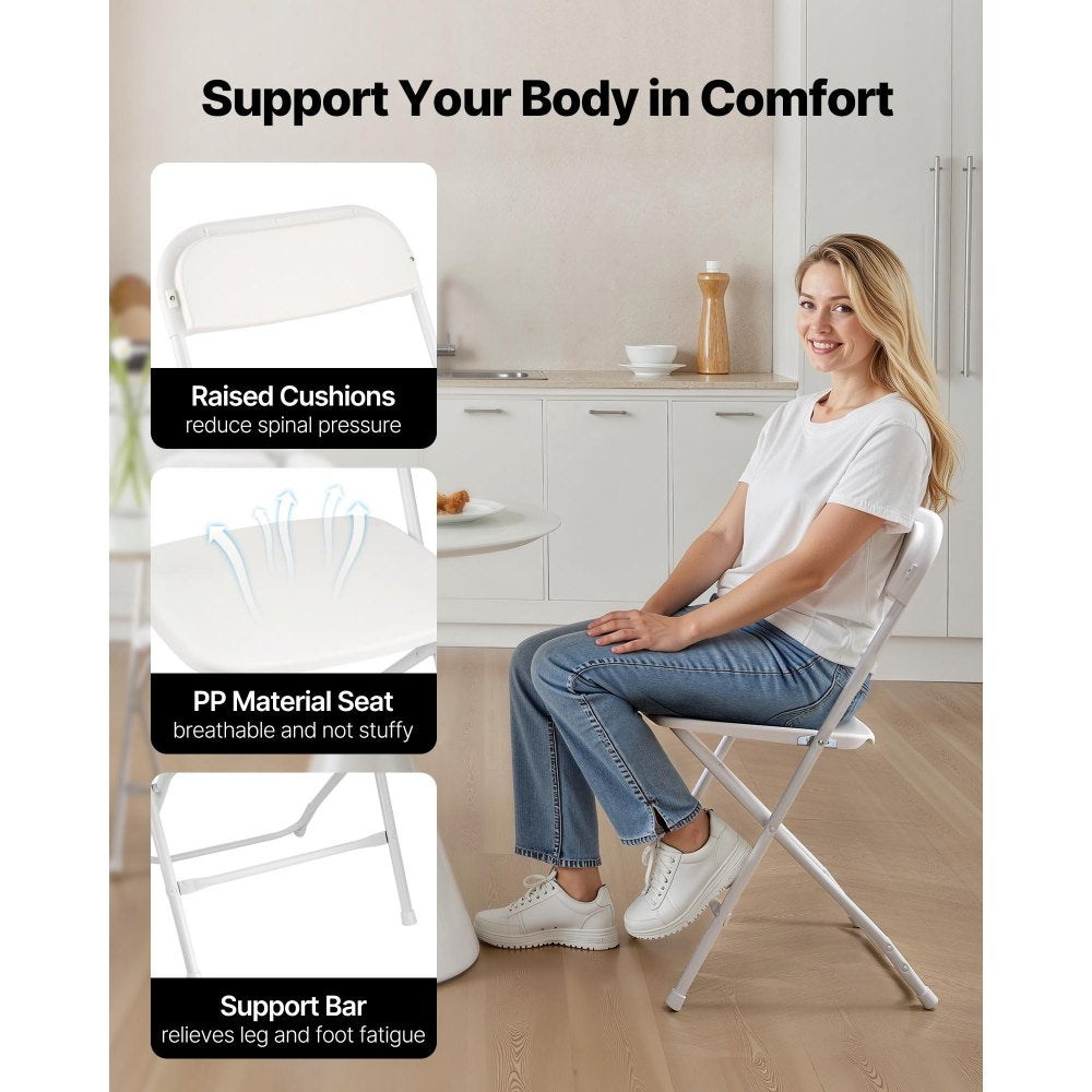 VEVOR 6 Pack Folding Chairs, Foldable Plastic Chairs with Heavy Duty Metal Frame, Portable Folding Card Table Chairs, Stackable Indoor Outdoor Seats for Home, Yard, Garden, Parties, Events, White