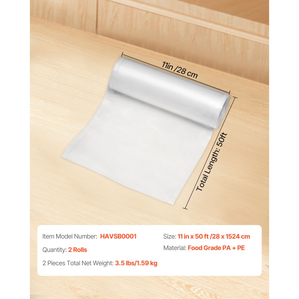 VEVOR Vacuum Sealer Bags, 2 Rolls 11 In x 50 Ft, Non-BPA Food Grade Seal A Meal Bags, Customizable Freezer-friendly Vac Sealing Bag for Food Saver, Food Storage Vacuum Bags for Meal Prep or Sous Vide