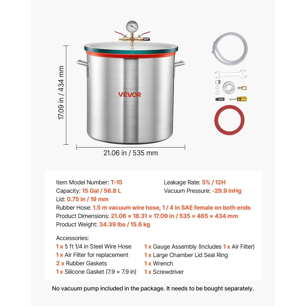 VEVOR 15 Gallon Vacuum Chamber, Aluminum Alloy, Vacuum Degassing Chamber with Tempered Glass Lid, Hose, Air Filter, for Resin Casting, Stabilizing Wood, Degassing Silicone, Epoxies, Essential Oils