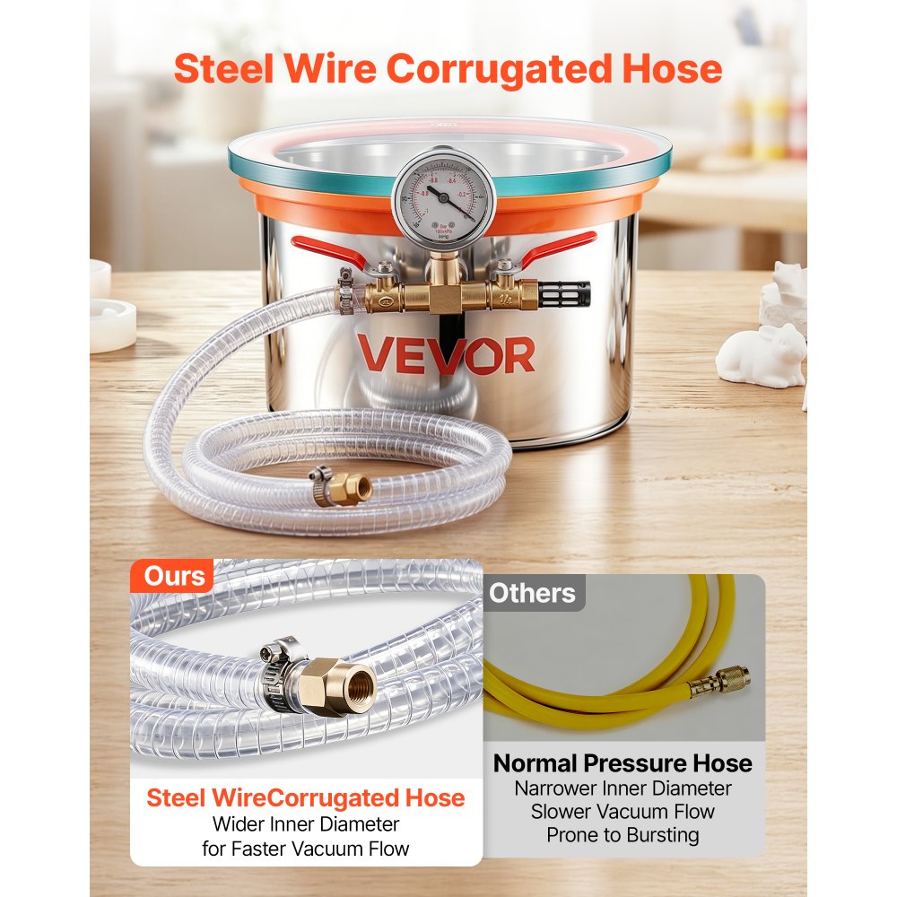 VEVOR 1.5 Gallon Vacuum Chamber, Stainless Steel, Vacuum Degassing Chamber with Tempered Glass Lid, Hose, Air Filter, for Resin Casting, Stabilizing Wood, Degassing Silicone, Epoxies, Essential Oils