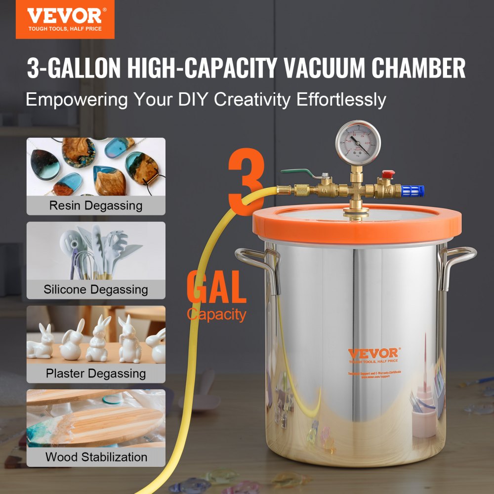 VEVOR 3 Gallon Vacuum Chamber, Upgraded Tempered Glass Lid Vacuum Degassing Chamber, 304 Stainless Steel Chamber, for Stabilizing Wood, Resin Degassing, Silicone Degassing and Plaster Degassing