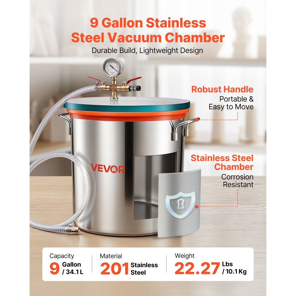VEVOR 9 Gallon Vacuum Chamber, Stainless Steel, Vacuum Degassing Chamber with Tempered Glass Lid, Hose, Air Filter, for Resin Casting, Stabilizing Wood, Degassing Silicone, Epoxies, Essential Oils