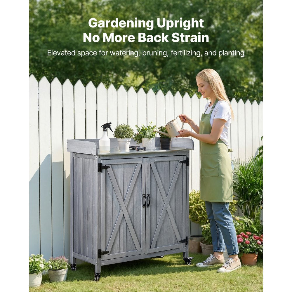 VEVOR Potting Bench Table, Outdoor Gardening Wooden Storage Cabinet with 36 x 16 in Galvanized Iron Tabletop, Garden Planting Workstation with Large Storage Space, 4 Casters for Patio, Backyard, Gray