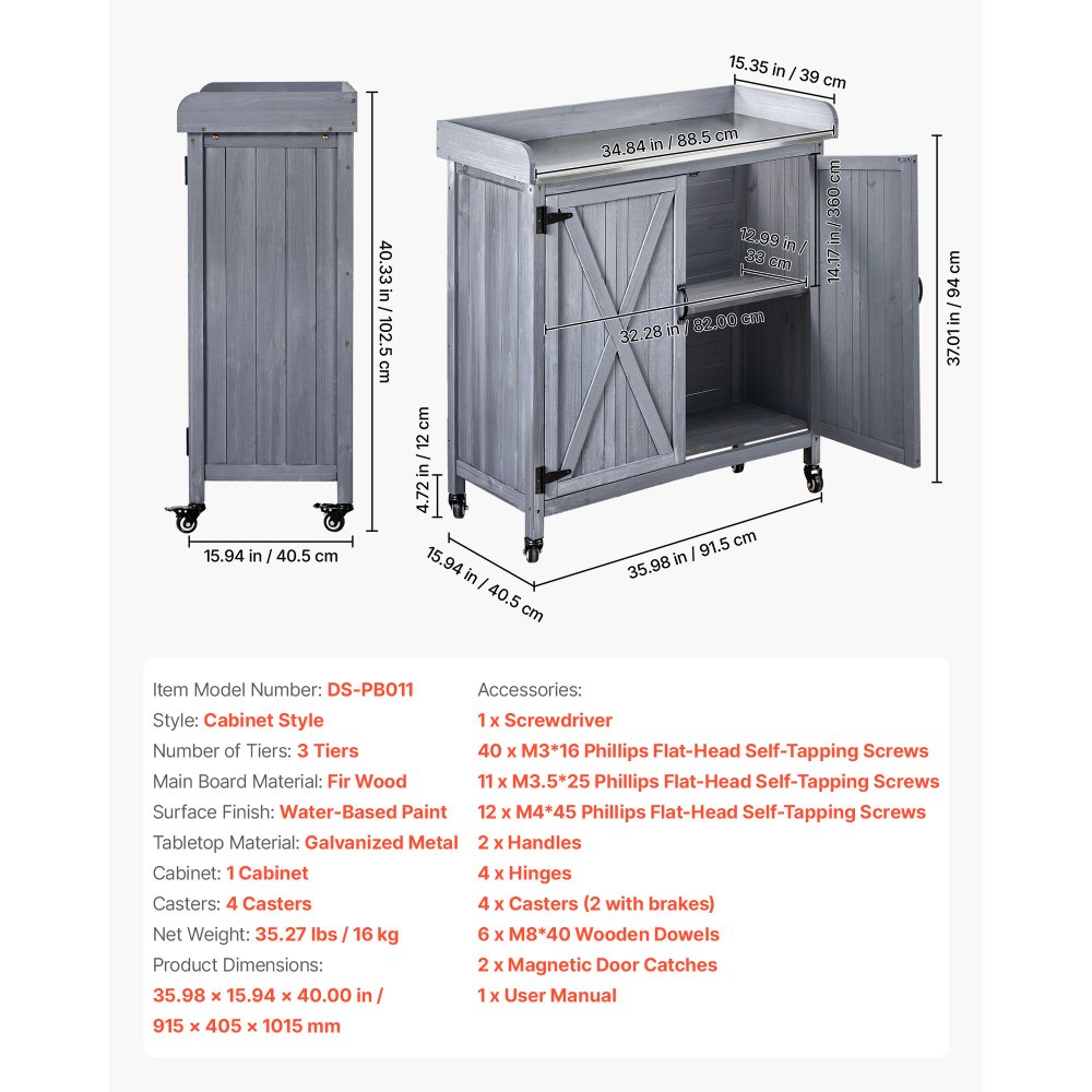 VEVOR Potting Bench Table, Outdoor Gardening Wooden Storage Cabinet with 36 x 16 in Galvanized Iron Tabletop, Garden Planting Workstation with Large Storage Space, 4 Casters for Patio, Backyard, Gray
