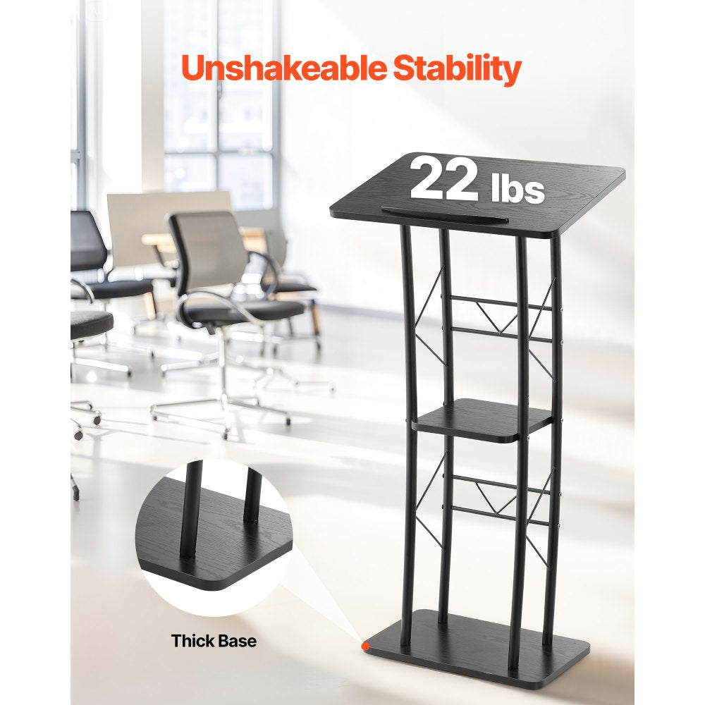 VEVOR Podium Stand, 47-Inch Metal Lectern, Curved Standing Podium with Wide Reading Surface, Open Storage Compartment, Book Stopper, Cup Holder, for Classroom, Wedding, Conference, Speech, and Concert